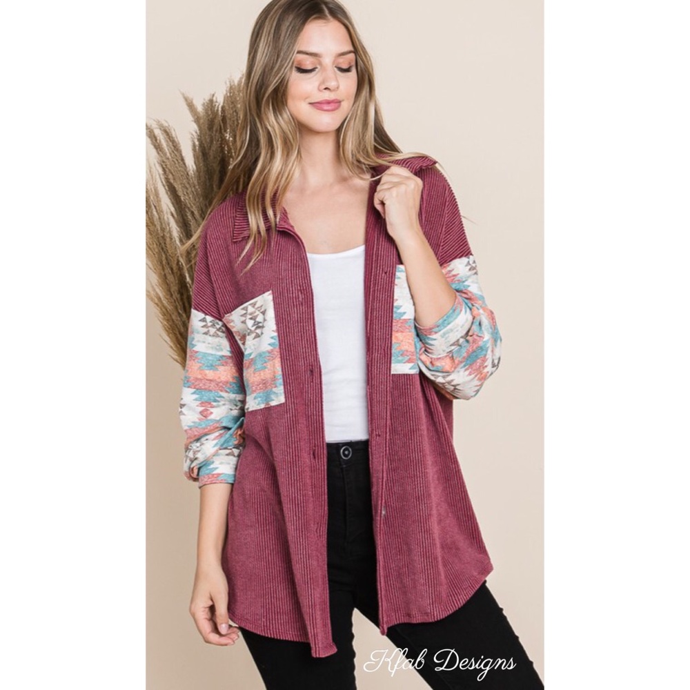 ❤️LAST! Wine Aztec Contrast Plush Oversized Button Up Jacket! - Picture 1 of 11